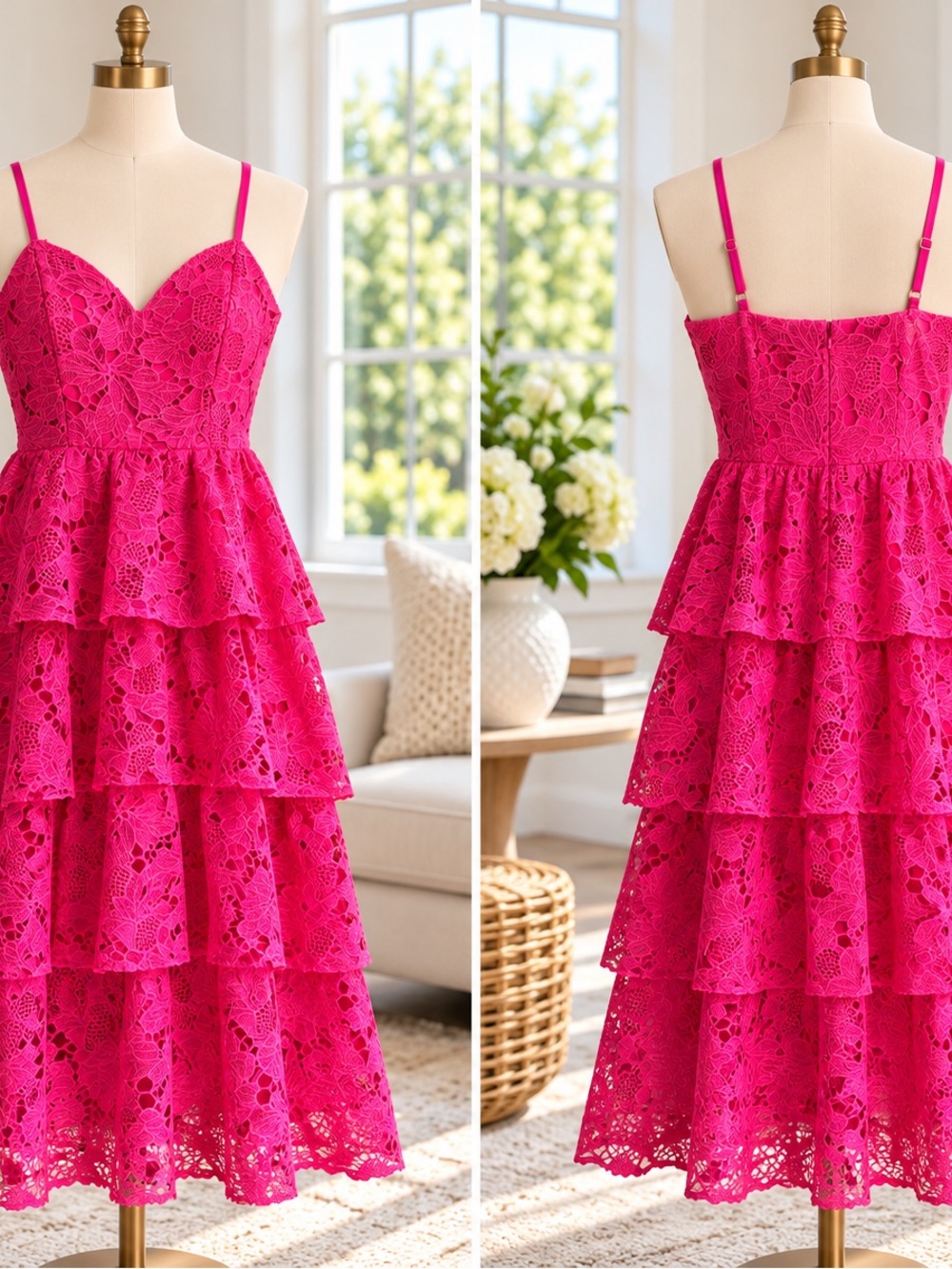 Sienna Sky Hot Pink Tiered Lace Midi Dress
